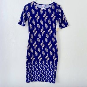 NWT LuLaRoe Julia Dress, Dark Blue Peacock Feather Print, Size XXS